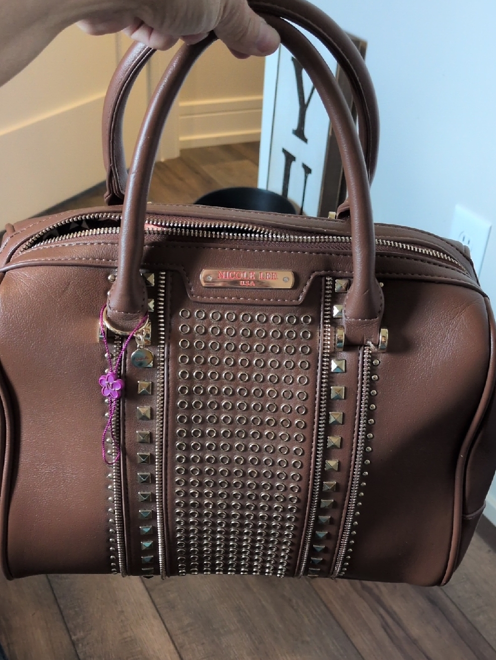 Nicole Lee Brown Studded Dome Satchel with Gold Accents